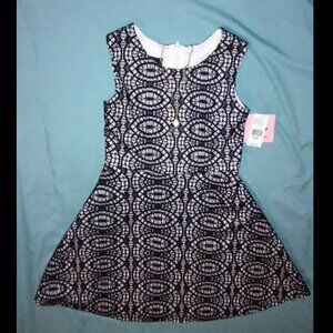 Girl's Size 12 Black & White Lacy Geometric Print Dressy Dress with necklace